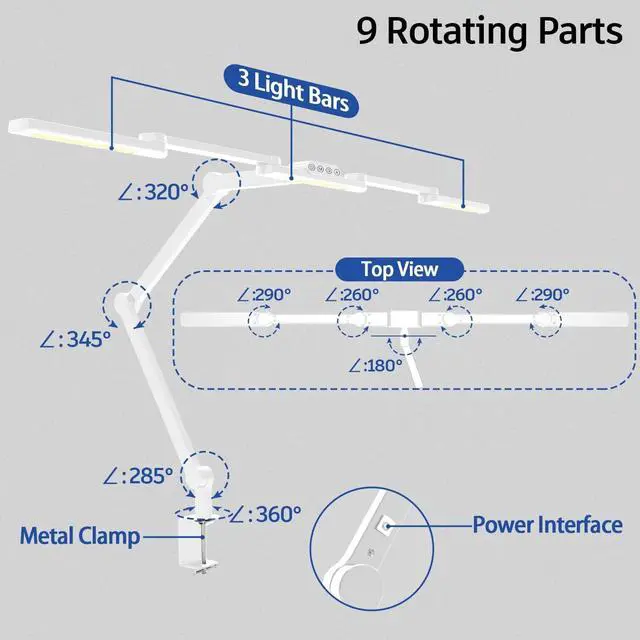 Alt view image 3 of 6 - LED Desk Lamp for Home Office, 41.5" White Clip on Architect with Clamp, 24W Adjustable Dimmable Bright Swing Arm Eye Care Table Light Clamp Office Lighting by DT