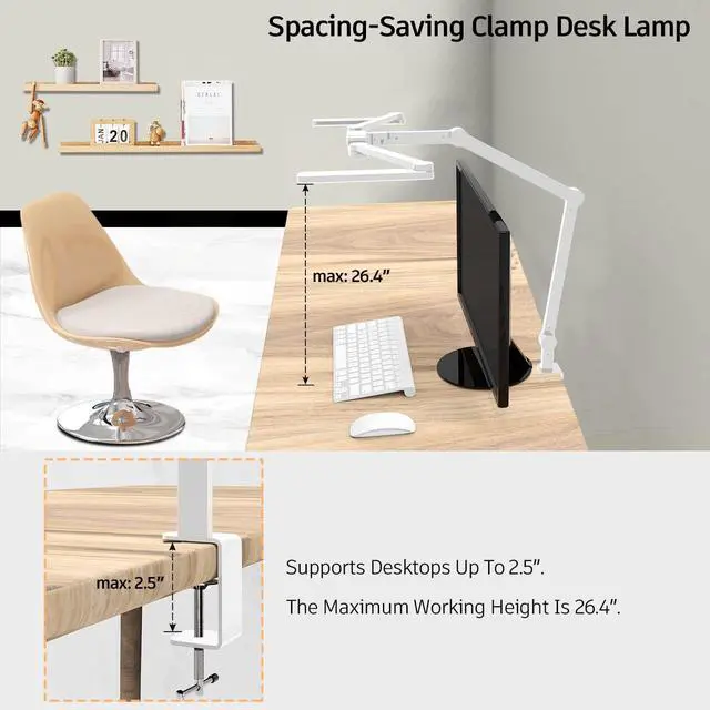 Alt view image 6 of 6 - LED Desk Lamp for Home Office, 41.5" White Clip on Architect with Clamp, 24W Adjustable Dimmable Bright Swing Arm Eye Care Table Light Clamp Office Lighting by DT