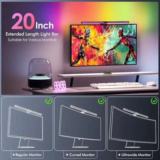 Alt view image 2 of 7 - RGB Pro+ Monitor Light Bar with Remote, 15 Modes Gaming Backlight, 4 Colors & Brightness Dimmable Fronlight, 20" Ra95 Eye-Care USB Reading Lamp, No Glare, Upgraded Clip for All by DT