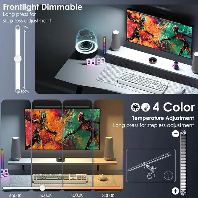 Alt view image 4 of 7 - RGB Pro+ Monitor Light Bar with Remote, 15 Modes Gaming Backlight, 4 Colors & Brightness Dimmable Fronlight, 20" Ra95 Eye-Care USB Reading Lamp, No Glare, Upgraded Clip for All by DT