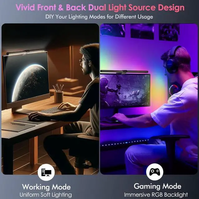 Alt view image 6 of 7 - RGB Pro+ Monitor Light Bar with Remote, 15 Modes Gaming Backlight, 4 Colors & Brightness Dimmable Fronlight, 20" Ra95 Eye-Care USB Reading Lamp, No Glare, Upgraded Clip for All by DT