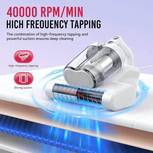 Alt view image 6 of 7 - Mattress Vacuum Cleaner, 16Kpa Bed Cleaner with 253.7nm UV-C Light & HEPA Filter 40000 RPM/Min Brushroll Rotation Heating Tech, Widened Suction Port(Corded, 600W) by DT