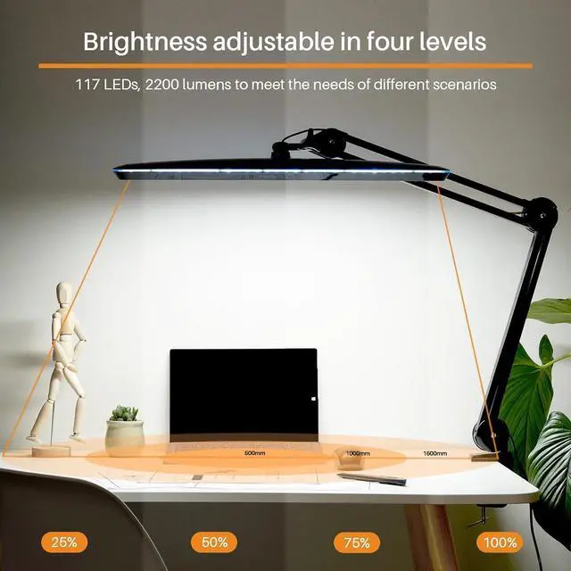 Alt view image 2 of 6 - Task Lamp with Clamp, Bright 117PCS LEDs, Metal Swing Arm 24W 2200 Lumen Dimmable Led Desk for Architect Home Office Study Reading Dorm Workbench Craft, 23 Inch Working Lamp(Black) by DT