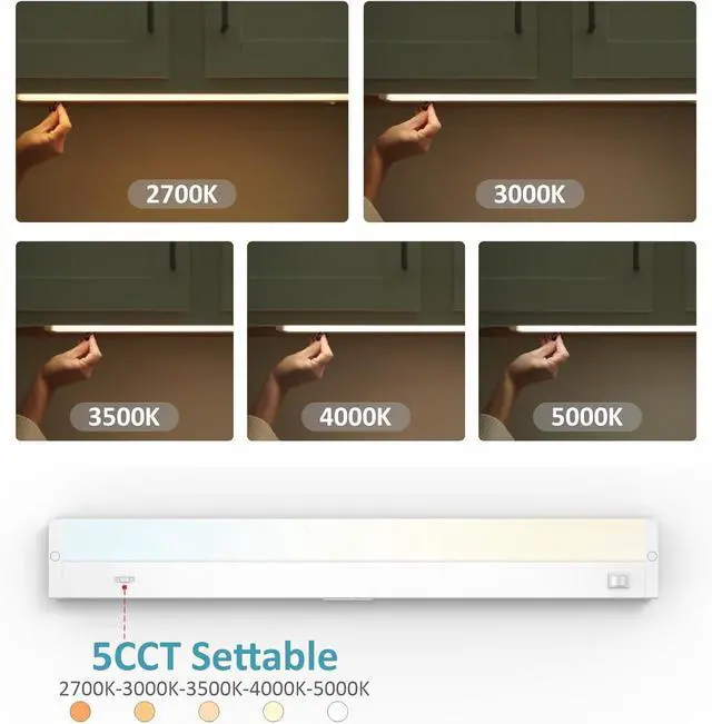 Alt view image 3 of 7 - LED Under Cabinet Lighting Hardwired or Plug in, 18 Inch 9W, Dimmable 5 Color 2700K/3000K/3500K/4000K/5000K, Linkable Eyes Care Design Counter Lights for Kitchen, Sink, ETL Listed, White by DT