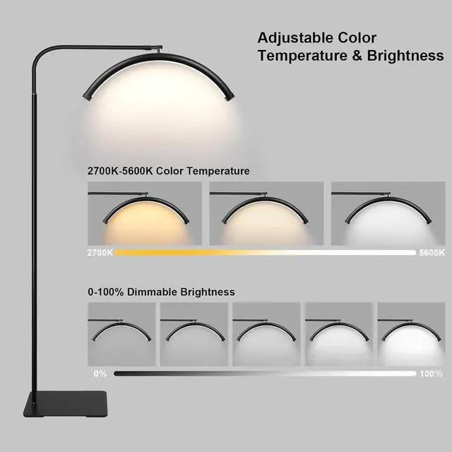 Alt view image 3 of 7 - Adjustable Gooseneck Half Moon LED Floor Lamp - Shadow-Free Design for Eyelash Extensions, Tattoos, Office, Reading, and Eye-Ca with Dimmable Brightness Color Temperature by DT