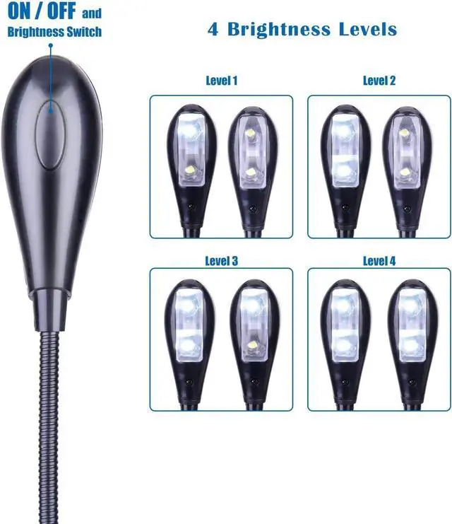 Alt view image 3 of 7 - 10 Pack Music Stand Lights - Musician Piano Light Clip On, USB & AAA Battery Powered, Eye Care Portable, LED Book Reading Lamp, 4 Brightness, Ideal for Orchestra, Sheet Music, Guitar (Dual Arm) by DT