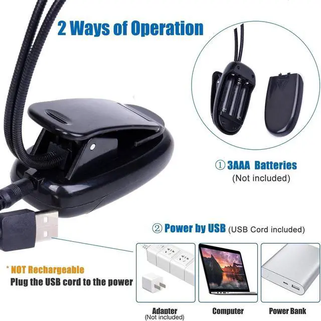 Alt view image 4 of 7 - 10 Pack Music Stand Lights - Musician Piano Light Clip On, USB & AAA Battery Powered, Eye Care Portable, LED Book Reading Lamp, 4 Brightness, Ideal for Orchestra, Sheet Music, Guitar (Dual Arm) by DT