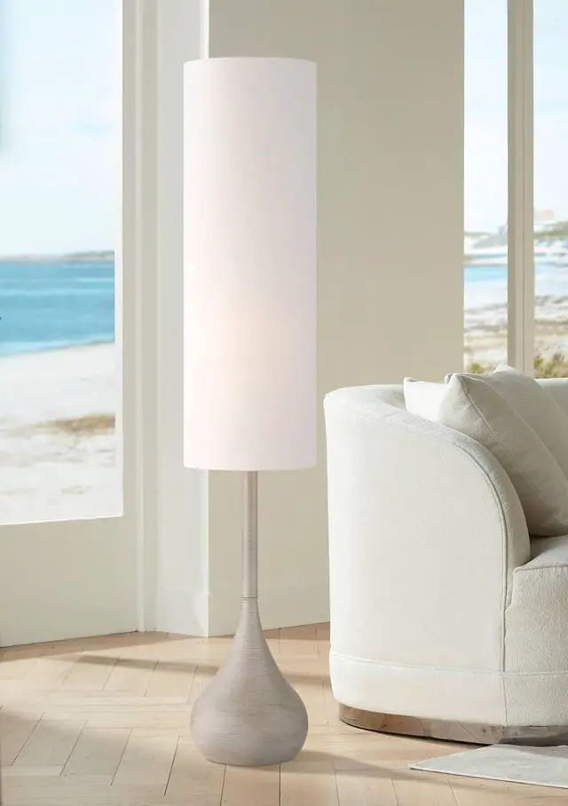 Main image of Moderne Mid Century Modern 62" Tall Standing Floor Lamp Droplet Foot Switch Natural Gray Metal Living Room Bedroom House Reading Office Home Decor Entryway White Drum Shade by DT