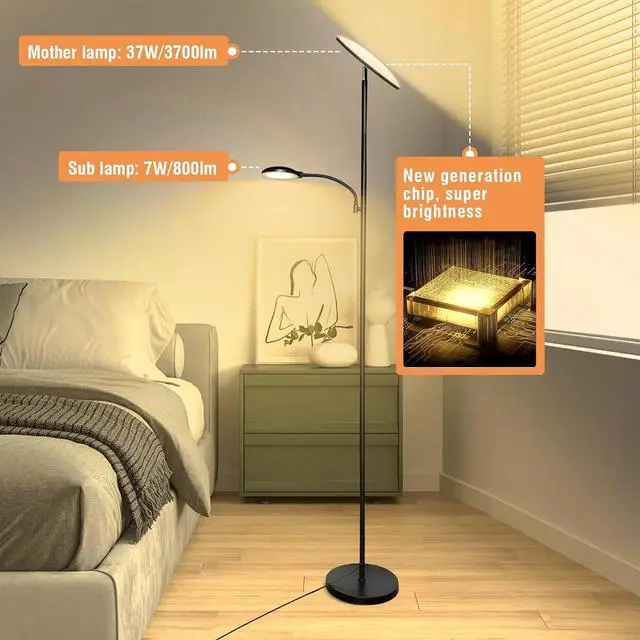 Alt view image 2 of 7 - Floor Lamps for Living Room, 44W/4500LM Super Bright 2 in 1 LED Lamp with Remote, Stepless Dimmable, 69" Tall Standing Bendable Reading Light Bedroom Office by DT