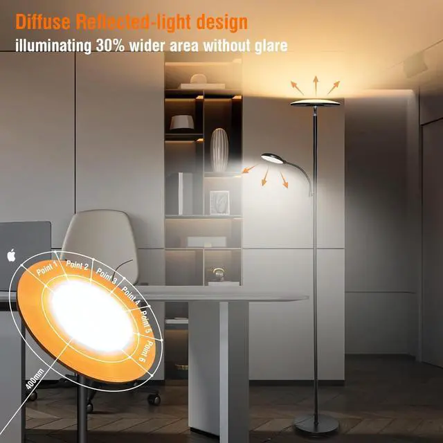 Alt view image 3 of 7 - Floor Lamps for Living Room, 44W/4500LM Super Bright 2 in 1 LED Lamp with Remote, Stepless Dimmable, 69" Tall Standing Bendable Reading Light Bedroom Office by DT