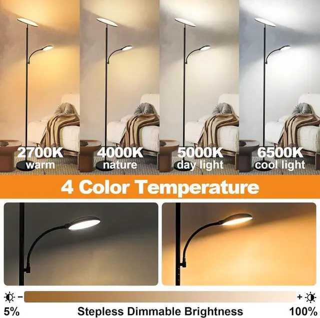 Alt view image 5 of 7 - Floor Lamps for Living Room, 44W/4500LM Super Bright 2 in 1 LED Lamp with Remote, Stepless Dimmable, 69" Tall Standing Bendable Reading Light Bedroom Office by DT