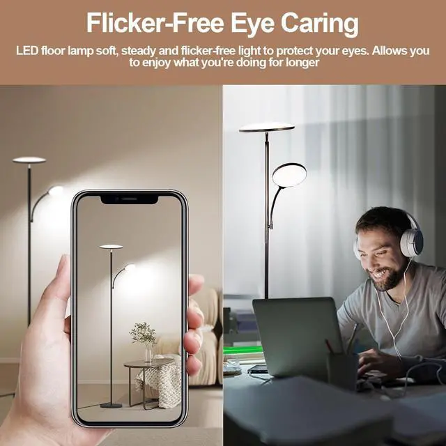 Alt view image 6 of 7 - Floor Lamps for Living Room, 44W/4500LM Super Bright 2 in 1 LED Lamp with Remote, Stepless Dimmable, 69" Tall Standing Bendable Reading Light Bedroom Office by DT