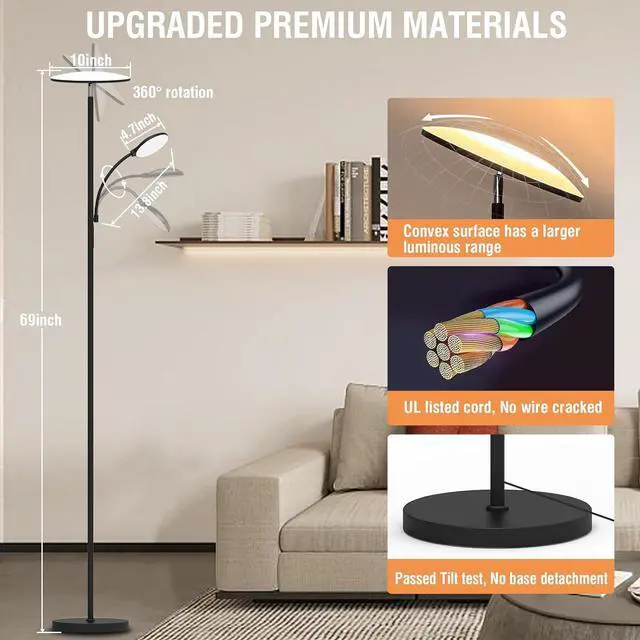 Alt view image 7 of 7 - Floor Lamps for Living Room, 44W/4500LM Super Bright 2 in 1 LED Lamp with Remote, Stepless Dimmable, 69" Tall Standing Bendable Reading Light Bedroom Office by DT