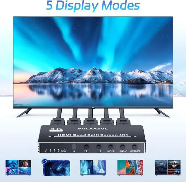 Alt view image 2 of 7 - 4K HDMI Multiviewer Switch 4X1,  Quad Multi-Viewer 4 in 1 Out Switcher Split Screen Seamless Switching Port, 5 Viewing Modes, 1080P, for PS4 DVD Camera PC by DT