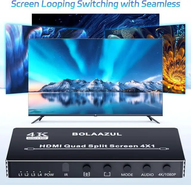 Alt view image 3 of 7 - 4K HDMI Multiviewer Switch 4X1,  Quad Multi-Viewer 4 in 1 Out Switcher Split Screen Seamless Switching Port, 5 Viewing Modes, 1080P, for PS4 DVD Camera PC by DT