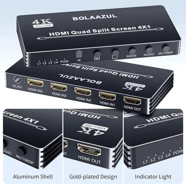 Alt view image 6 of 7 - 4K HDMI Multiviewer Switch 4X1,  Quad Multi-Viewer 4 in 1 Out Switcher Split Screen Seamless Switching Port, 5 Viewing Modes, 1080P, for PS4 DVD Camera PC by DT