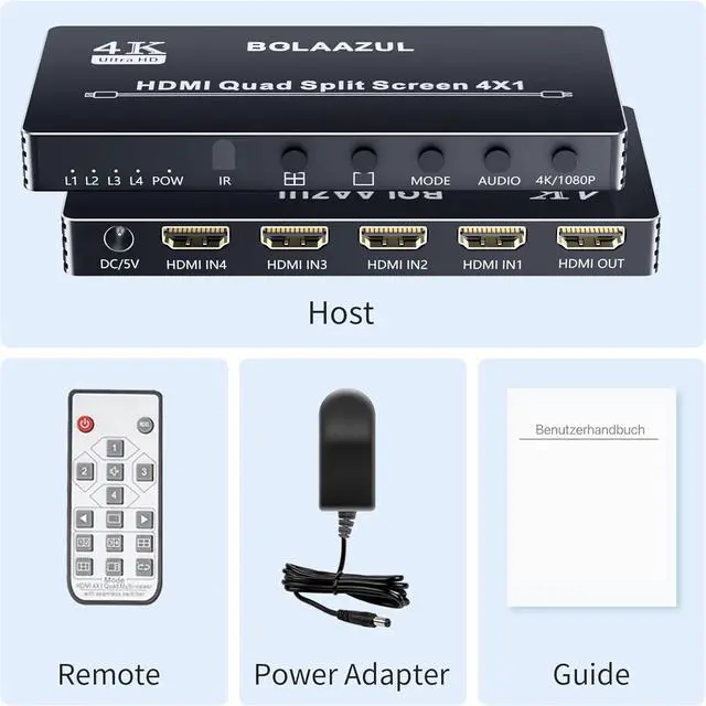 Alt view image 7 of 7 - 4K HDMI Multiviewer Switch 4X1,  Quad Multi-Viewer 4 in 1 Out Switcher Split Screen Seamless Switching Port, 5 Viewing Modes, 1080P, for PS4 DVD Camera PC by DT