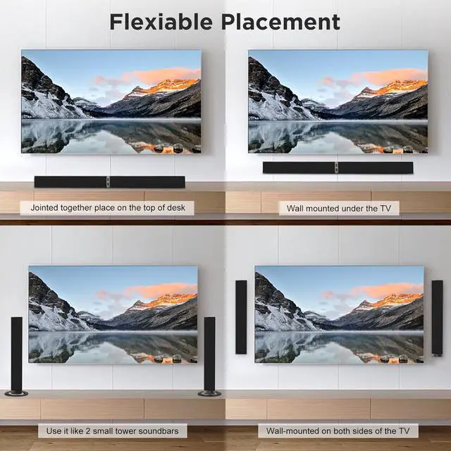 Alt view image 4 of 7 - Sound Bar for Smart TV, 80W Bluetooth Soundbar 2 in 1 Detachable Design, Deep Bass, Home Theater Surround Sound, ARC/Optical/AUX Connections TV/PC/Gaming/Projectors by DT