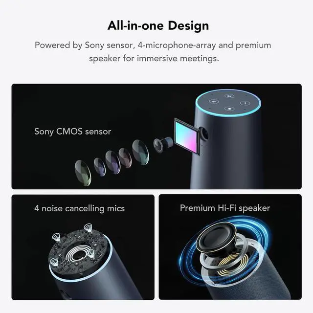 Alt view image 3 of 7 - C40(2nd Gen) 2K Video Conference Webcam with Microphone and Speaker, 5X Zoom, 4 Noise Cancelling Mics Conference Room Camera, 120°Ultra Wide Angle, 16ft Voice Pickup, for Zoom/Skype/Teams