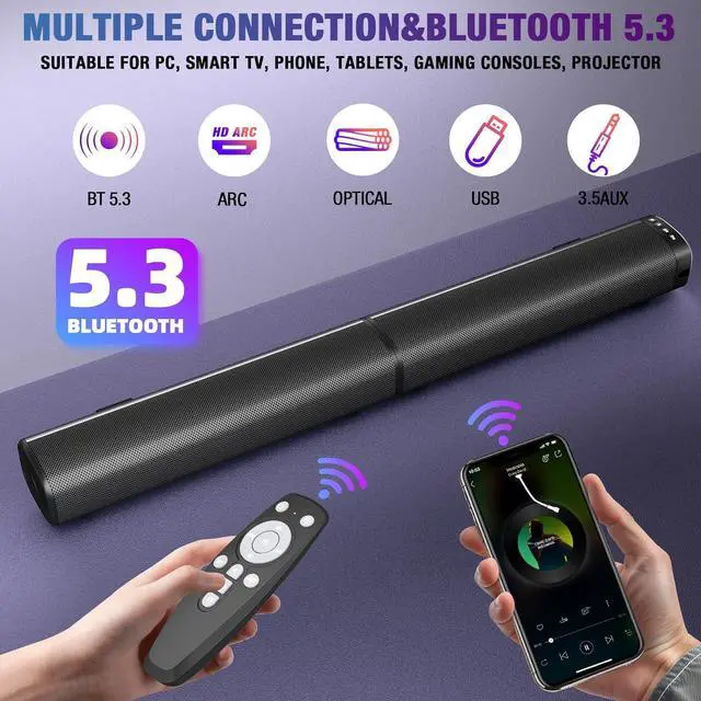 Alt view image 2 of 7 - Sound Bar, 100W Bar for Smart TV, Bluetooth 5.3 Soundbar, 2 in 1 Detachable Home Speaker Bass Effect, Theater Surround Sound, ARC/Optical/AUX/USB Connections, TV/PC/Projectors by DT