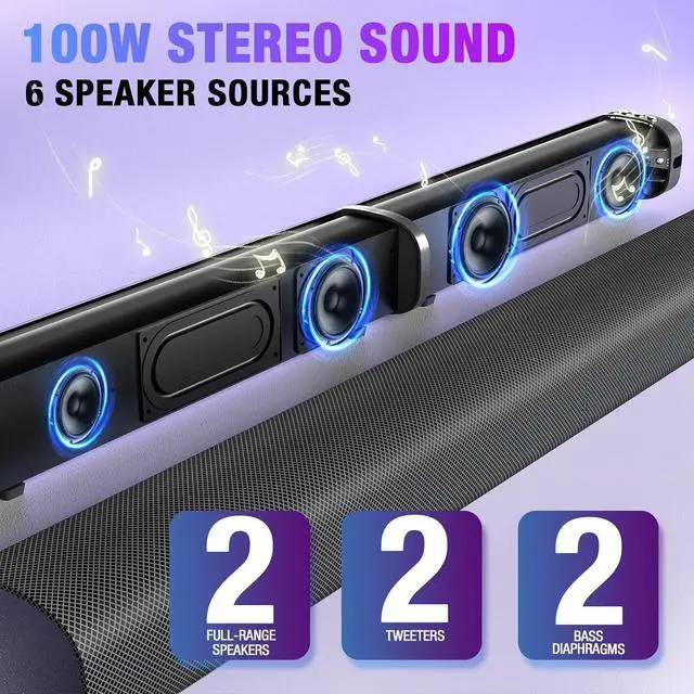 Alt view image 3 of 7 - Sound Bar, 100W Bar for Smart TV, Bluetooth 5.3 Soundbar, 2 in 1 Detachable Home Speaker Bass Effect, Theater Surround Sound, ARC/Optical/AUX/USB Connections, TV/PC/Projectors by DT