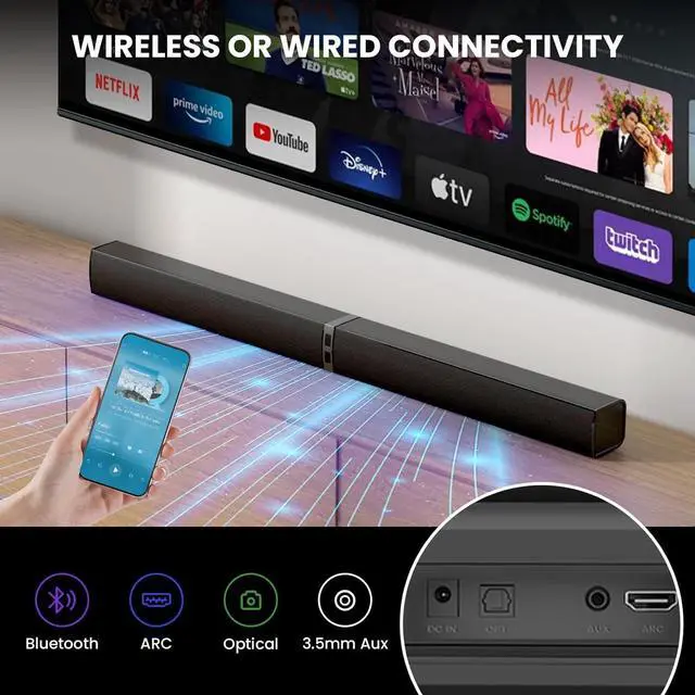 Alt view image 7 of 7 - Sound Bar for Smart TV80W Detachable Bluetooth Soundbar with Powerful Bass, 2-in-1 Home Theater Audio System, ARC/Optical/AUX Connectivity TV/PC/Laptop/Game Console by DT