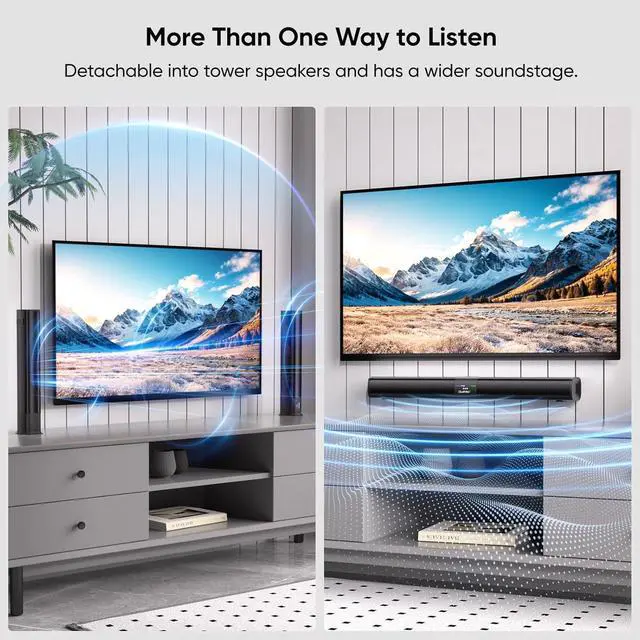 Alt view image 3 of 6 - Sound Bar for Smart TV, 31-inch 80W Soundbar with Crystal-Clear Vocals and Bluetooth 5.3/TV-ARC/Optical/AUX Input, 2 in 1 Detachable Surround System TV/PC/Gaming/Projectors by DT