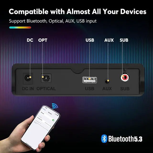 Alt view image 5 of 7 - Sound Bar for Smart TV with Wired Subwoofers, 2.1 Channel Small Speakers Colorful Backlight, Home Theater Surround System, Bluetooth 5.3 / Optical/AUX Connectivity by DT