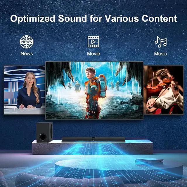 Alt view image 3 of 7 - Sound Bar with Subwoofer, 120W for Smart TV, Deep Bass & Volume Boost 3 Equalizer Modes, Bluetooth/ARC/Opt/AUX Connect, Detachable Soundbar TV/PC/Gaming/Projectors by DT
