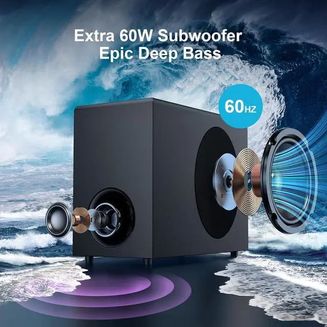 Alt view image 4 of 7 - Sound Bar with Subwoofer, 120W for Smart TV, Deep Bass & Volume Boost 3 Equalizer Modes, Bluetooth/ARC/Opt/AUX Connect, Detachable Soundbar TV/PC/Gaming/Projectors by DT