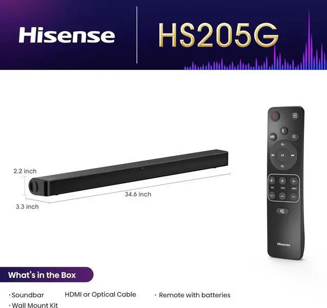 Alt view image 2 of 7 - HS205G 2.0Ch Sound Bar, 120W, DTS Virtual: X, Dolby Audio, HDMI/ARC/Optical/USB, Bluetooth, Roku TV Ready, Black (HS205G, 2024 Model) by DT