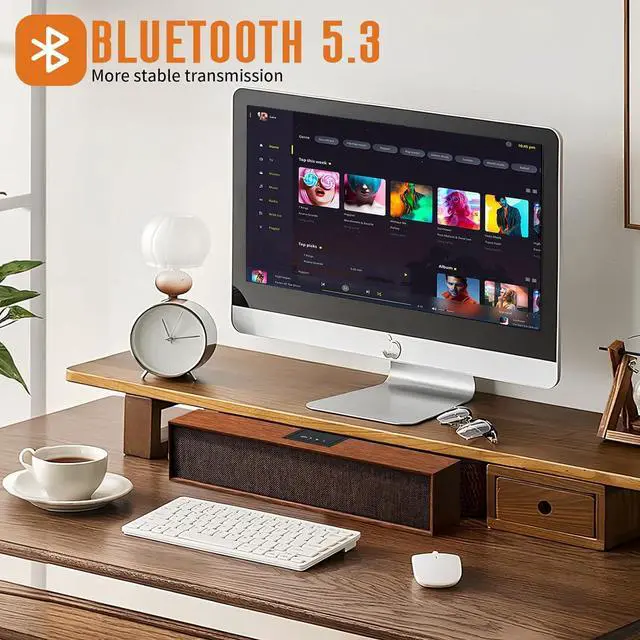 Alt view image 4 of 6 - Retro Computer Speakers - Wooden Sound Bar with Bluetooth 5.3 & USB Connectivity | Universal Compatibility for PC, Desktop, Laptop, Monitor, Tablet Smartphone