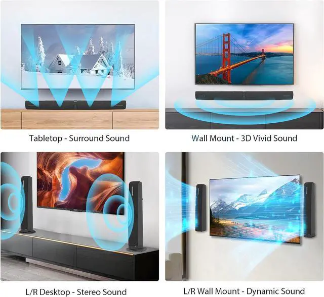 Alt view image 2 of 7 - Sound Bar for Smart TV,90W Soundbar with Bluetooth/ARC/Optical/AUX Connect, Auto Volume Boost, 3 Customizable Equalizer Modes, 2 in 1 Detachable TV/PC/Gaming/Projectors by DT