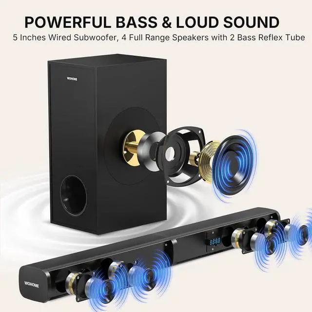 Alt view image 2 of 6 - 2 in 1 Detachable Sound bar with Subwoofers, 4.1 Channel Bluetooth Bar for Smart TV, Home Theater Surround System, Optical, AUX, USB Input, Bass Adjust, Remote/Button Control by DT