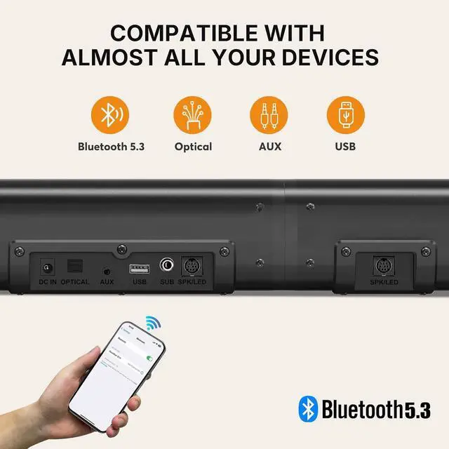 Alt view image 3 of 6 - 2 in 1 Detachable Sound bar with Subwoofers, 4.1 Channel Bluetooth Bar for Smart TV, Home Theater Surround System, Optical, AUX, USB Input, Bass Adjust, Remote/Button Control by DT