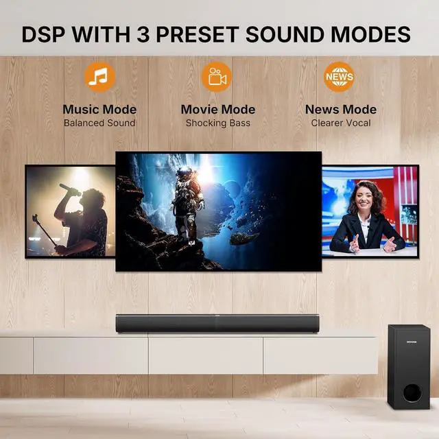 Alt view image 4 of 6 - 2 in 1 Detachable Sound bar with Subwoofers, 4.1 Channel Bluetooth Bar for Smart TV, Home Theater Surround System, Optical, AUX, USB Input, Bass Adjust, Remote/Button Control by DT