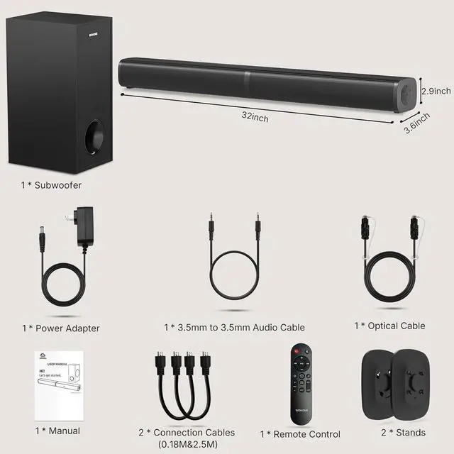 Alt view image 6 of 6 - 2 in 1 Detachable Sound bar with Subwoofers, 4.1 Channel Bluetooth Bar for Smart TV, Home Theater Surround System, Optical, AUX, USB Input, Bass Adjust, Remote/Button Control by DT
