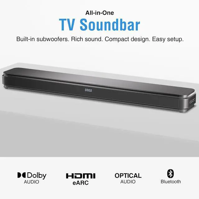 Alt view image 2 of 7 - 2.1ch 120W Sound Bar for TV with Dolby Audio and Dual Built-in Subwoofers, Bluetooth Speaker Soundbar HDMI-ARC, RCA Optical Connectivity, d Clarity Balanced Bass, Black by DT
