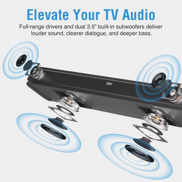 Alt view image 4 of 7 - 2.1ch 120W Sound Bar for TV with Dolby Audio and Dual Built-in Subwoofers, Bluetooth Speaker Soundbar HDMI-ARC, RCA Optical Connectivity, d Clarity Balanced Bass, Black by DT