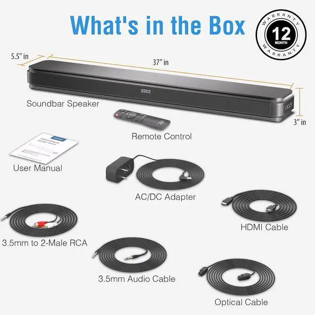 Alt view image 7 of 7 - 2.1ch 120W Sound Bar for TV with Dolby Audio and Dual Built-in Subwoofers, Bluetooth Speaker Soundbar HDMI-ARC, RCA Optical Connectivity, d Clarity Balanced Bass, Black by DT