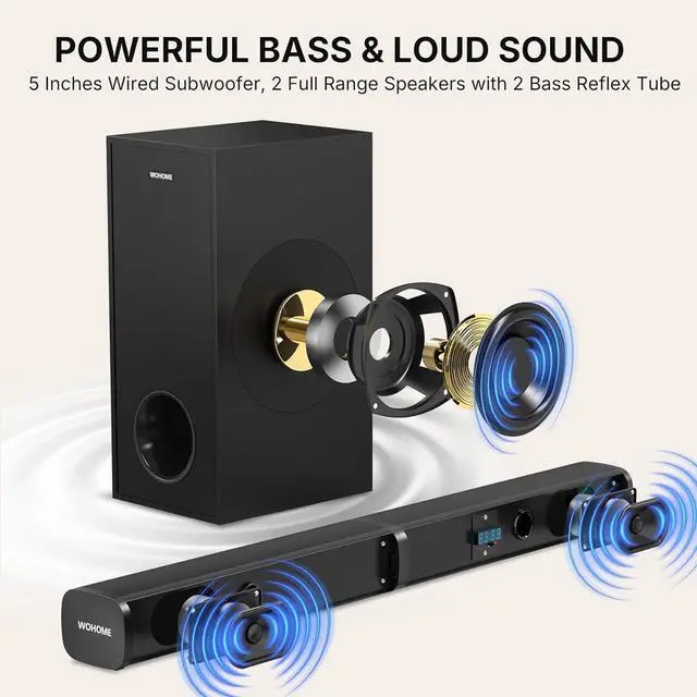 Alt view image 2 of 7 - 2.1 Sound Bar for Smart TV with 5 Inches Wired Subwoofer, 140W, 2 in 1 Detachable Soundbar RGB-IC Backlight, Bluetooth 5.3, Optical, AUX, USB Input, Bass Adjustable, Remote/Button Control by DT