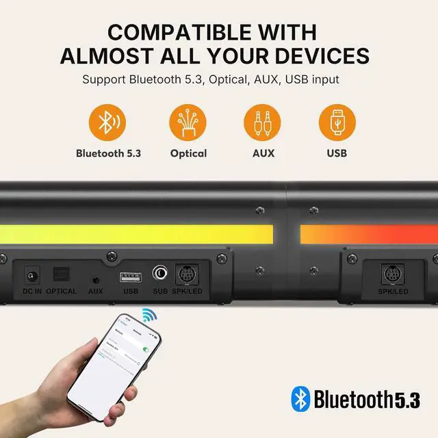 Alt view image 4 of 7 - 2.1 Sound Bar for Smart TV with 5 Inches Wired Subwoofer, 140W, 2 in 1 Detachable Soundbar RGB-IC Backlight, Bluetooth 5.3, Optical, AUX, USB Input, Bass Adjustable, Remote/Button Control by DT