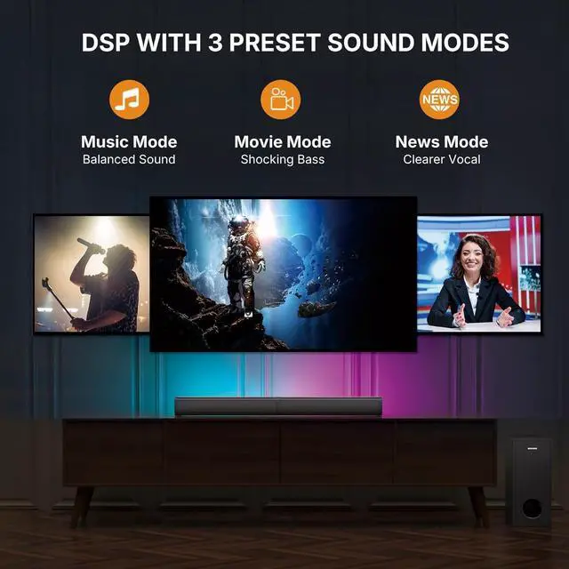 Alt view image 5 of 7 - 2.1 Sound Bar for Smart TV with 5 Inches Wired Subwoofer, 140W, 2 in 1 Detachable Soundbar RGB-IC Backlight, Bluetooth 5.3, Optical, AUX, USB Input, Bass Adjustable, Remote/Button Control by DT
