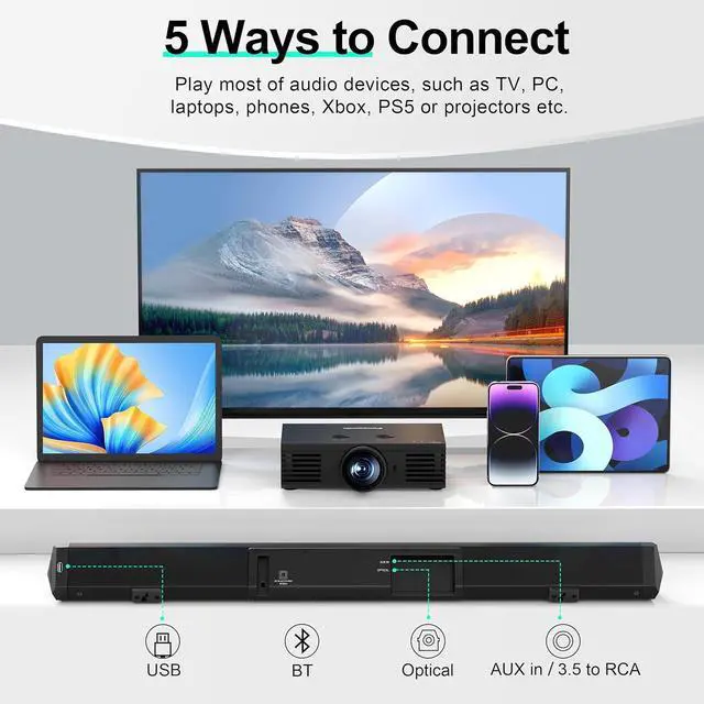 Alt view image 4 of 7 - Sound Bar 35 Inch Soundbar for Smart TV Speaker with Bluetooth 5.3 Opt/USB/AUX Connectivity, LED Display, 3 DSP Mode Bars Home Theater Audio PC Gaming Projector by DT