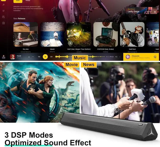 Alt view image 7 of 7 - Sound Bar 35 Inch Soundbar for Smart TV Speaker with Bluetooth 5.3 Opt/USB/AUX Connectivity, LED Display, 3 DSP Mode Bars Home Theater Audio PC Gaming Projector by DT