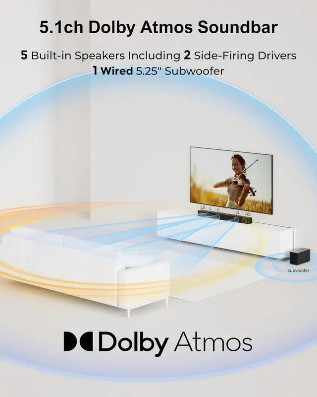 Alt view image 3 of 7 - 5.1CH Surround Sound Bar with Subwoofer, Dolby Atmos, VoiceMX & BassMX Tech, 300W Soundbar for Smart TV, Home Theater System App, BT 5.4, Poseidon M60 (2025 Model) by DT