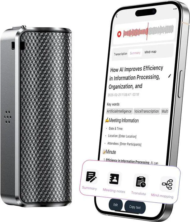 Main image of AI Voice Recorder with Real-Time Transcription & Translation, Transcriber, Smart Summary, AI-Powered Mind Mapping Translator for Meetings Notes, Interviews Lectures, 70+ Languages (64GB) by DT