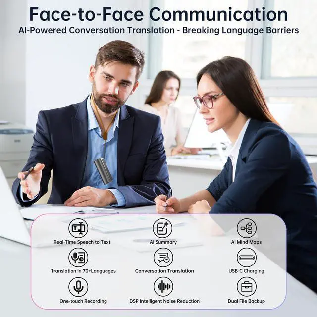 Alt view image 6 of 6 - AI Voice Recorder with Real-Time Transcription & Translation, Transcriber, Smart Summary, AI-Powered Mind Mapping Translator for Meetings Notes, Interviews Lectures, 70+ Languages (64GB) by DT