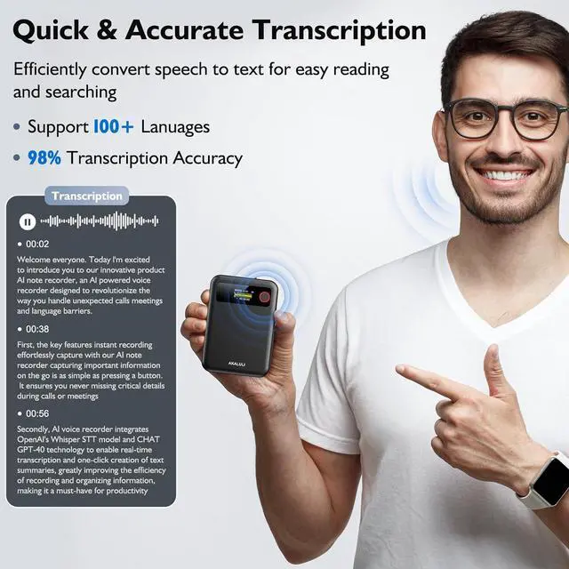 Alt view image 3 of 7 - AI Voice Recorder with Transcribe Summarize: Note APP Control, 30H Continuous Recording, 64GB Memory Support 100+ Languages, for Calls, Lectures, Meetings by DT
