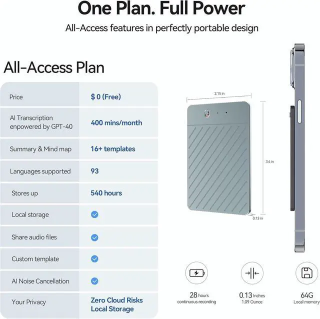 Alt view image 7 of 7 - AI Voice Recorder, Free Real-Time Transcription & Translation | Chat gpt Powered Summarizer, 93 Languages, 64GB Memory, App Controlled, for Lectures, Interviews, Meetings, Calls(Blue) by DT
